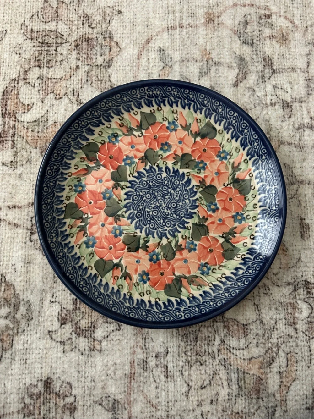Polish Pottery Floral Dinner Plate Blue Coral Ceramika Artystyczna Handmade